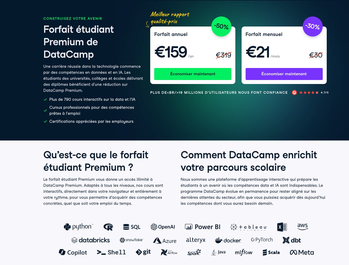 Détails du forfait étudiant DataCamp