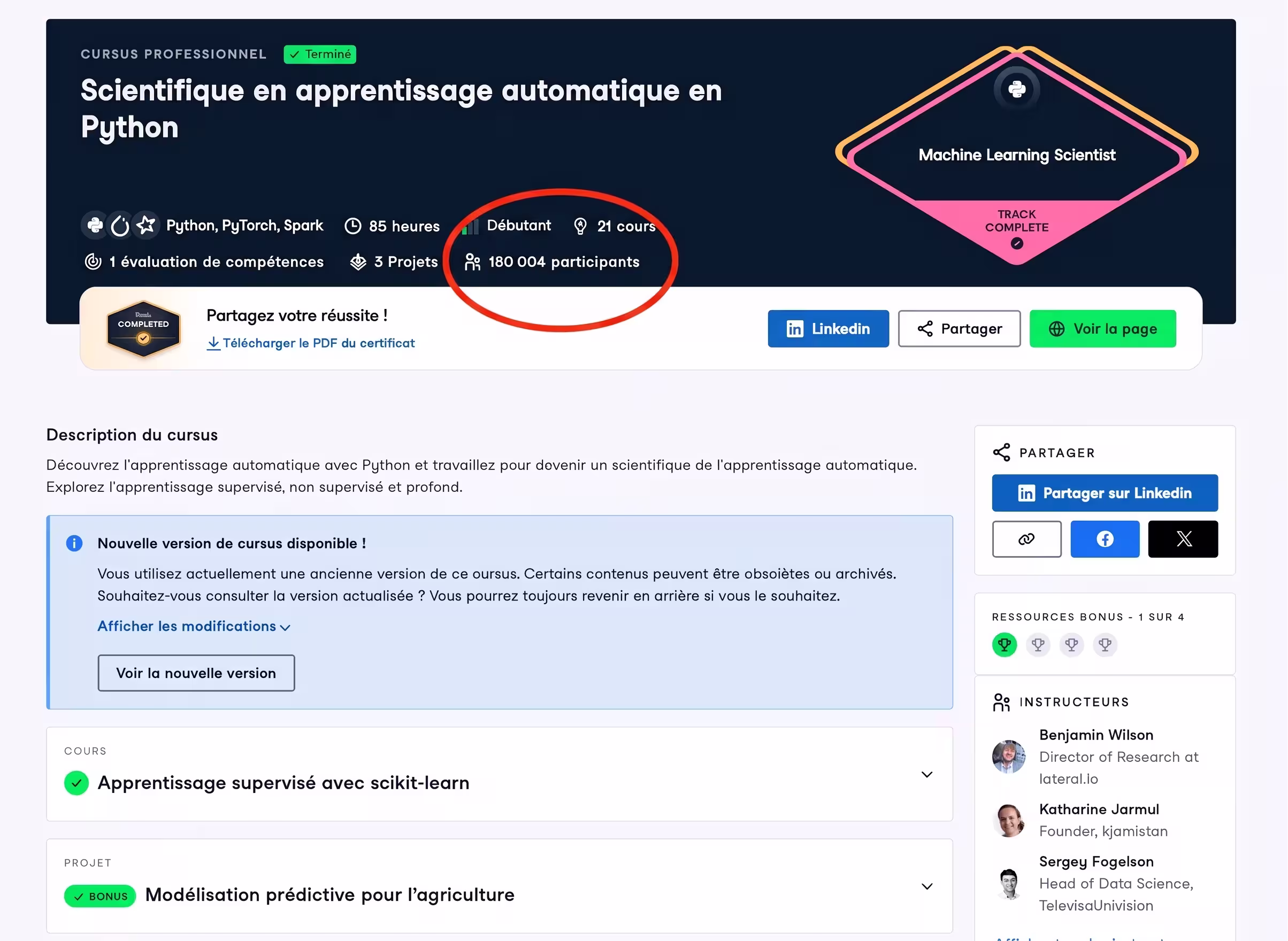 En-tête du parcours Machine Learning sur DataCamp