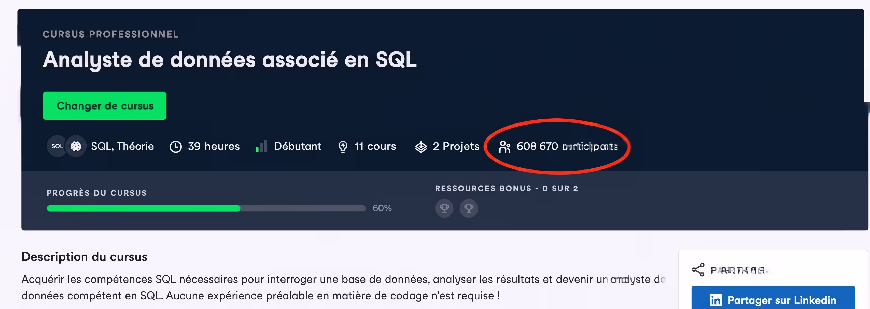 Cours Data Analyst SQL sur DataCamp