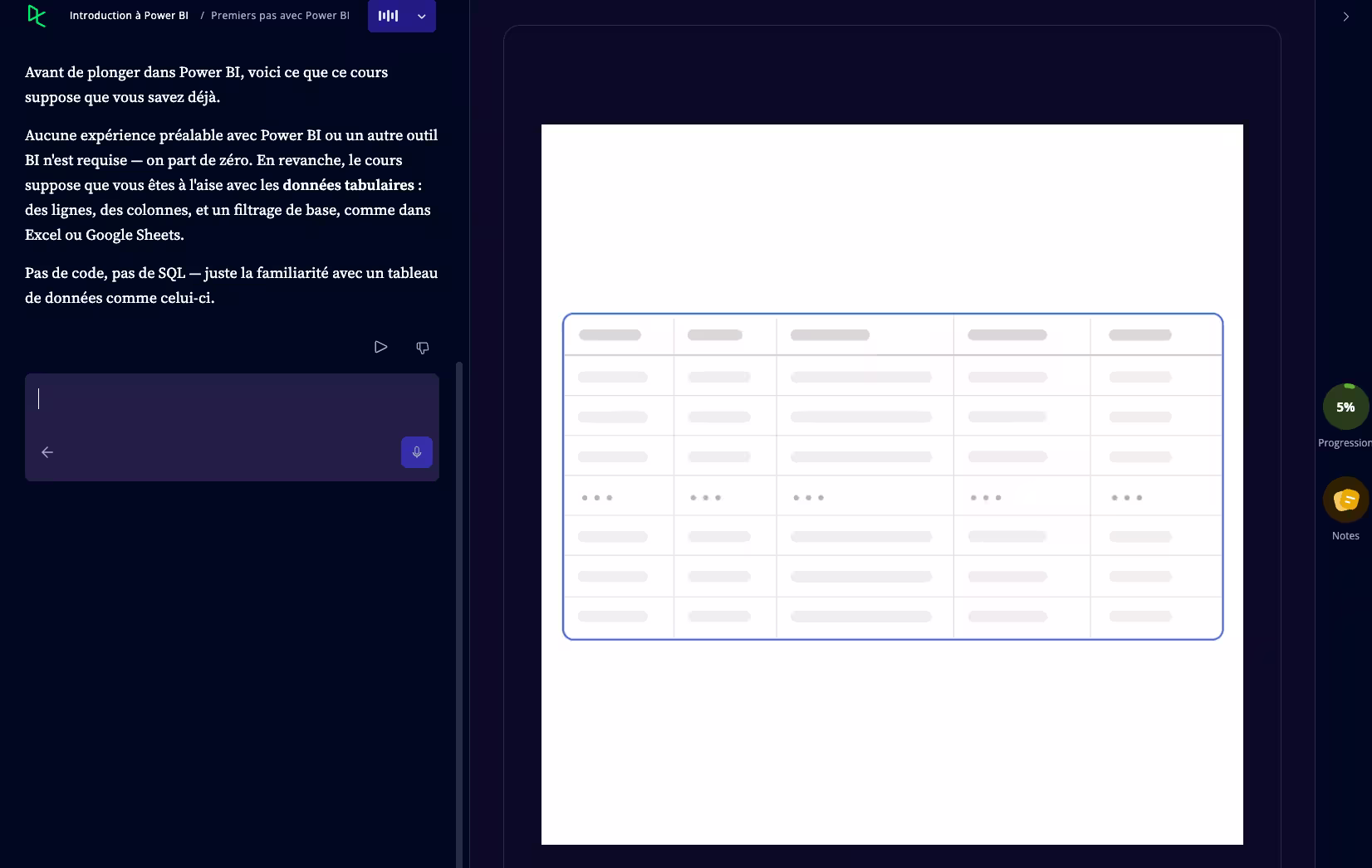 Interface d'apprentissage Power BI sur DataCamp